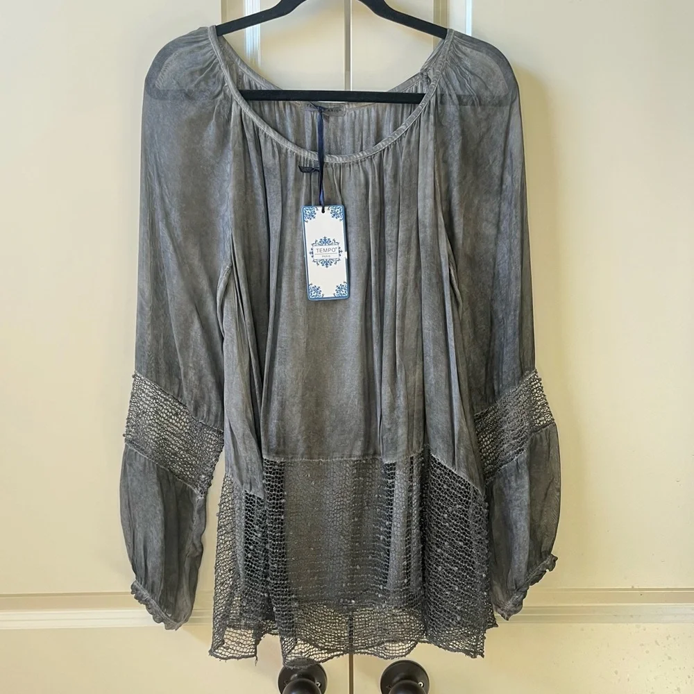 NWT Tempo Paris boho gray lace details tunic blouse size XL - Picture 8 of 11